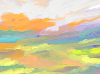 Fototapeta premium Impressionistic Abstract Digital Painting, Art, Landscape of Sunrise or Sunset Over Hills, Meadow, Field Countryside w/Blooming illustration, design, art, painting, in Orange, Yellow, Lavender & Green