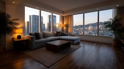 Fototapeta premium A sophisticated modern living space offering a dramatic panoramic view of a bustling cityscape at twilight