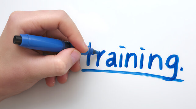 Human hand holds blue marker to write the word 'Training.' on a clean white board, with an underline emphasizing the term, highlighting education and skill development