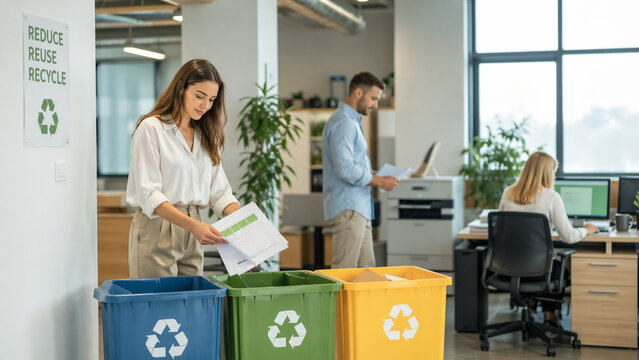 office workers sorting paper waste into recycling bins