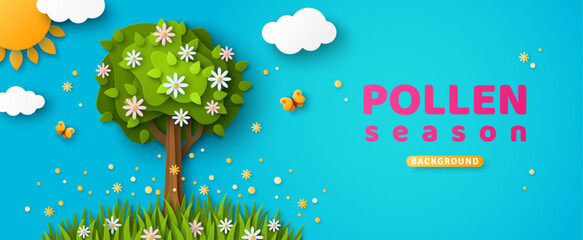 Fototapeta premium Flowering tree, bloom meadow, visible pollen in blue sky. Vector illustration. 3d Paper spring allergy season concept. Pollen forecast background. Allergic poster banner. Summer sun and clouds