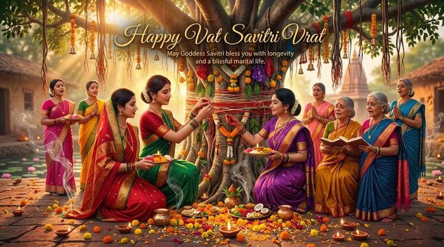 Indian Women Performing Vat Savitri Vrat Ritual Around a Sacred Banyan Tree in a Traditional Village Setting