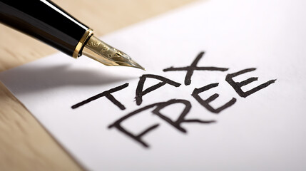 Fototapeta premium Elegant fountain pen writes 'TAX FREE' message on white paper, emphasizing financial savings and exempt transactions on a clean wooden surface