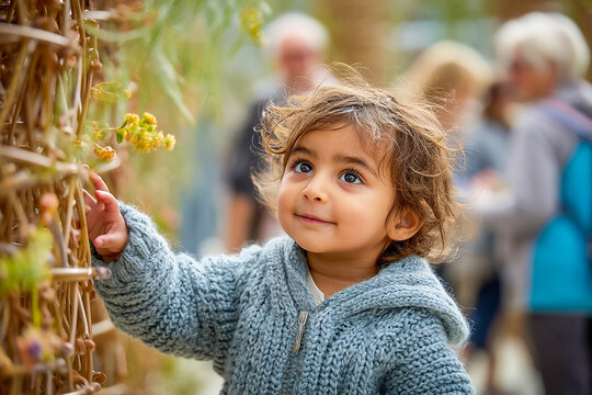 Adorable toddler girl with expressive eyes touching plants in a sunny botanical garden, wearing a cozy blue knitted sweater, capturing a moment of childhood curiosity, wonder, and nature discovery.