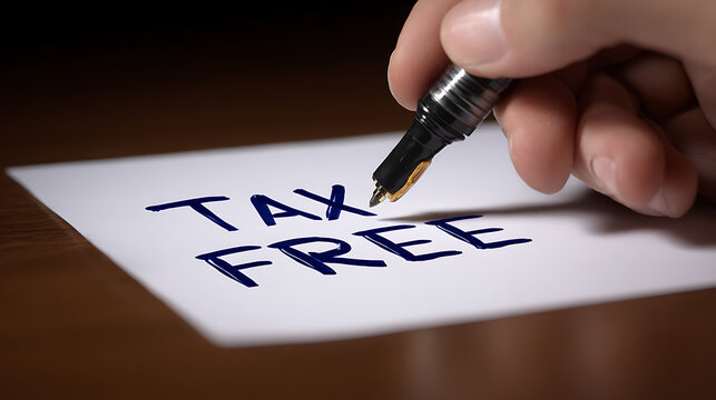 A person's hand with a pen writes "TAX FREE" on a white paper document, highlighting concepts of exemption, finance, and special offers