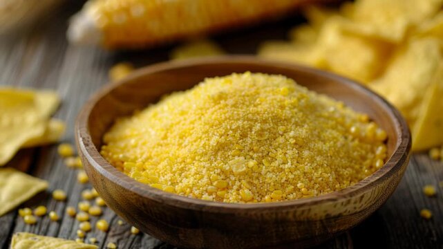 golden cornmeal in wooden bowl surrounded by corn cobs, tortilla chips and scattered kernels on weathered wooden table; warm natural light highlights coarse