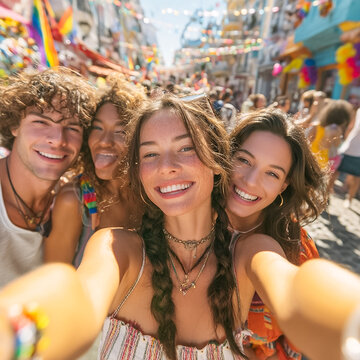 Joyful young diverse friends taking a selfie at a vibrant street festival parade, celebrating LGBTQ+ pride with rainbow flags and colorful decorations, capturing moments of happiness, freedom, and