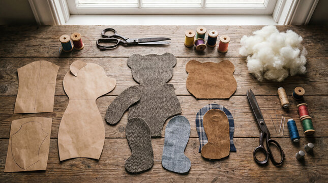 Top-down view of teddy bear pattern pieces arranged on a wooden table
