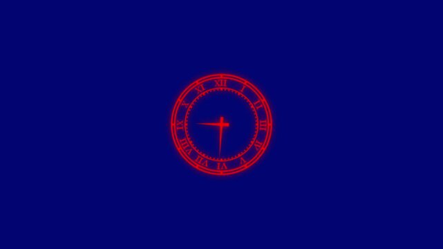 Neon red roman numeral clock face spinning against deep blue background