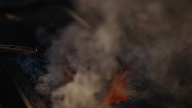 Smoke curls above glowing embers. Meat sizzles, darkening with heat. Flames flicker beneath the grate. Tender cuts char slowly, smoky. Crisp edges, rich aroma rises