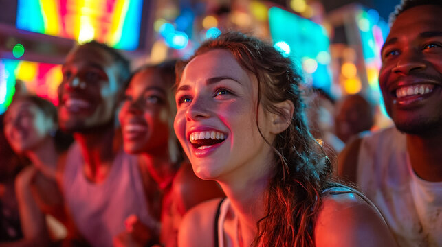 Happy diverse group of friends enjoying a vibrant night music festival with neon lights, cheering and laughing together at an outdoor summer concert event, youthful energy and celebration concept.