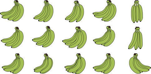 Set of Fresh Green Banana Illustrations Featuring Bunches of Raw Unripe Fruits for Healthy Cooking Culinary Arts Tropical Agriculture and Diet Graphic Design Projects © sojibislam