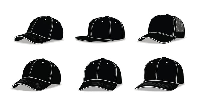 Collection of black baseball caps with white trim
