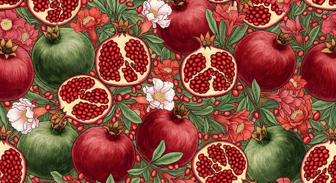 Pomegranate Pattern with Green and Red Fruits and Flowers