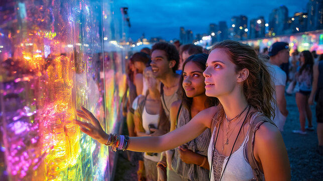 Diverse group of young adults captivated by vibrant, colorful light installation art at an outdoor evening festival or event, experiencing wonder and excitement with city skyline background. Ideal