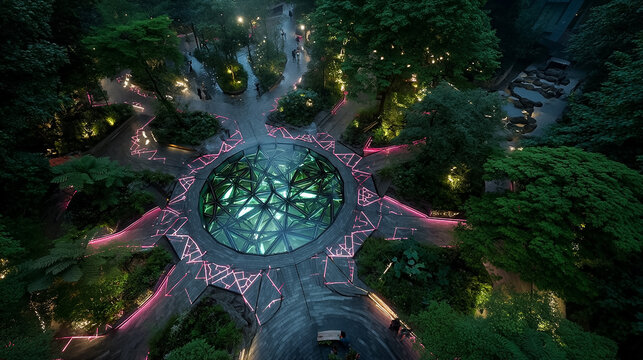 Aerial view of a futuristic illuminated garden park at night featuring glowing pink neon pathways and a circular glass geometric structure, perfect for modern urban architecture and travel concepts.