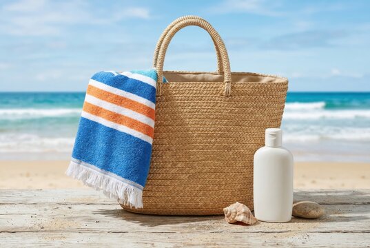 Beach Essentials Featuring a Woven Tote Bag with a Blue and Orange Towel Sustainable Lifestyle Choice Representing Relaxation and Serenity Captured by the Ocean Shore