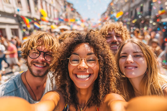 Diverse group of happy young friends taking a selfie together at a vibrant pride parade festival, smiling multiracial people celebrating diversity, joy, and equality in a colorful city street crowd.