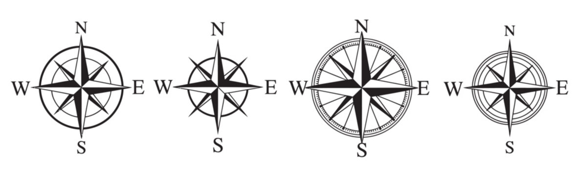 Classic compass rose icon set, nautical navigation symbols, round and star compass variants, directional N E S W markers vector illustration pack