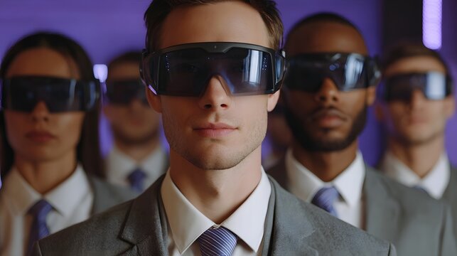 A team of modern professionals wearing futuristic goggles represents visionary leadership in a high tech collaborative setting