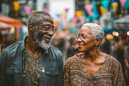 Happy senior African American couple enjoying a romantic walk through a vibrant outdoor street market, smiling and looking at each other with love, retirement lifestyle and togetherness concept.
