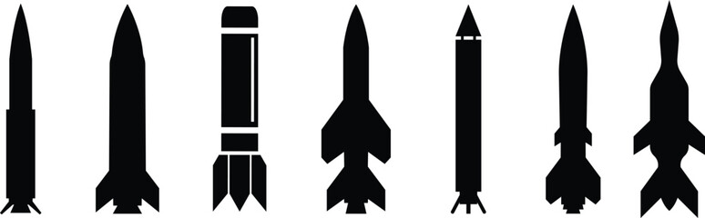Fototapeta premium Rocket missile space launch vehicle icon set collection group in black flat style featuring rocket, missile, spacecraft, booster, launch synonym elements for aerospace, military and technology design