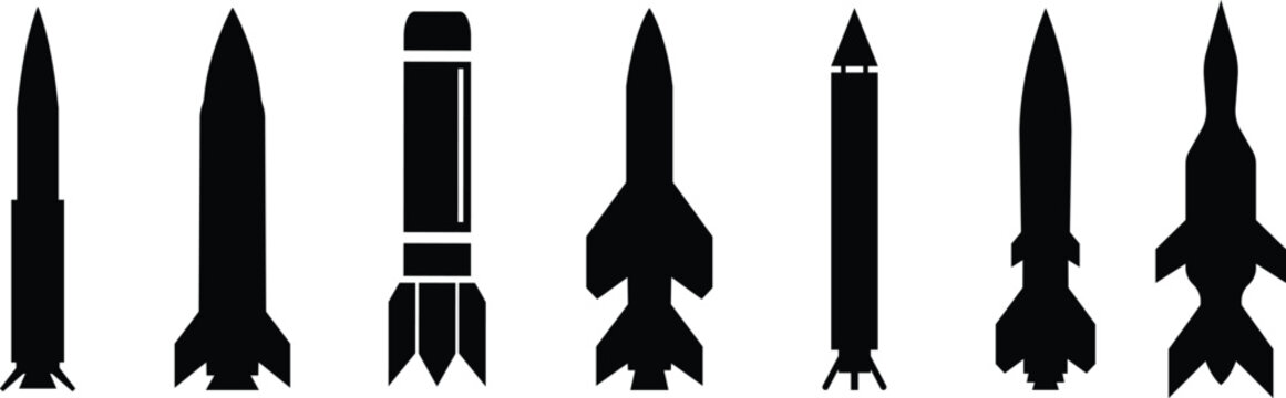 Rocket missile space launch vehicle icon set collection group in black flat style featuring rocket, missile, spacecraft, booster, launch synonym elements for aerospace, military and technology design