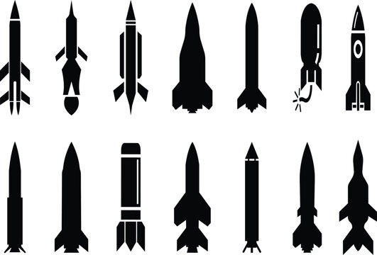 Rocket missile space launch vehicle icon set collection group in black flat style featuring rocket, missile, spacecraft, booster, launch synonym elements for aerospace, military and technology design