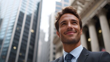 Fototapeta premium A confident professional man in a suit stands in an urban setting looking up with a satisfied and ambitious expression against modern skyscrapers