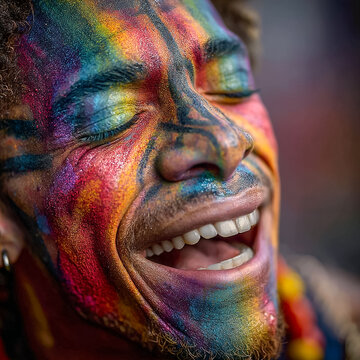 Close-up portrait of a joyful man with vibrant rainbow face paint laughing during a Holi festival celebration; expressive artistic makeup capturing pure happiness, diversity, and creativity.