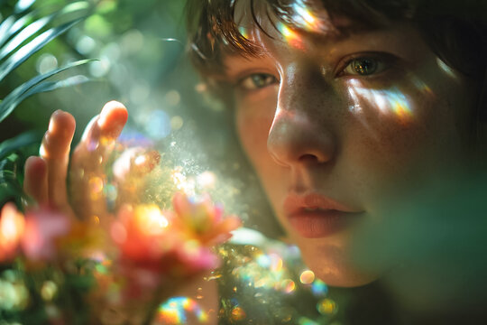 Close-up portrait of a young woman with natural freckles touching flowers in a dreamlike garden, soft sunlight, artistic rainbow prism light leaks, ethereal mood, beauty, wellness, mindfulness