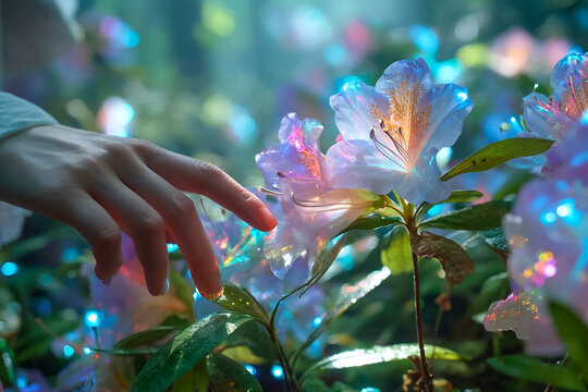 Enchanting Hand Gently Touching Luminous Flowers in Magical Garden with Bokeh Lights, Ethereal Nature Scene for Fantasy, Dreamlike, and Serene Concepts, Perfect for Marketing, Websites, and Social