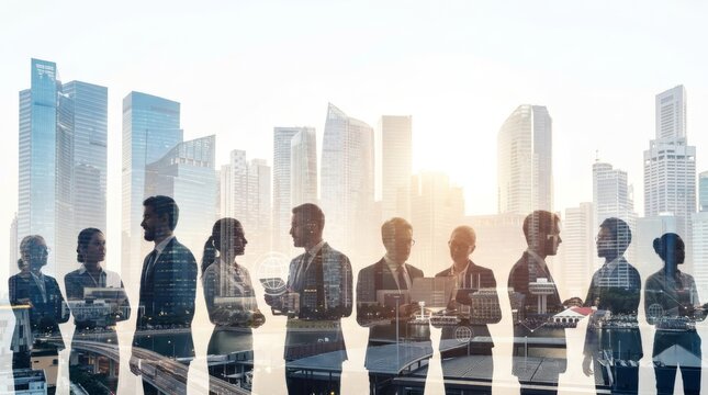 Double exposure of diverse people silhouettes and modern cityscape background representing global community and teamwork