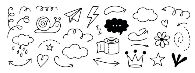 Set of hand drawn doodle featuring a snail paper airplane lightning bolt clouds speech bubble toilet paper roll flower crown stars arrows and various swirls on a white background © Rajesh