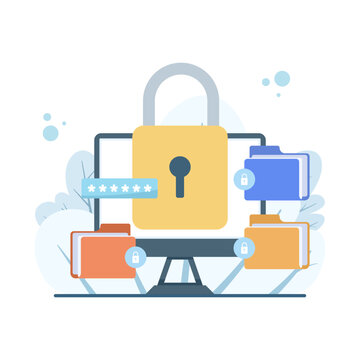 Illustration of locked folder with user and padlock, showing file protection, password security, data privacy, secure document access, and modern cybersecurity concept in vector style.
