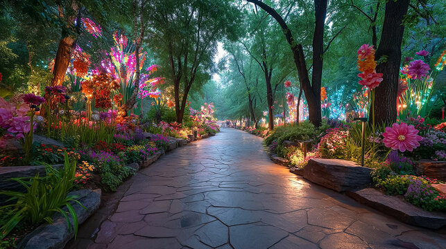 Enchanting twilight garden pathway with glowing artificial flowers and vibrant LED lighting, magical botanical park trail, whimsical nature landscape for romantic evening walks and event background