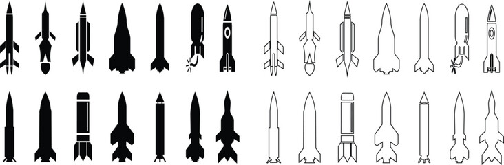 Fototapeta premium Rocket missile space launch vehicle icon set collection group in black flat and line style featuring rocket, missile, spacecraft, booster, launch synonym elements for aerospace, military and technolog