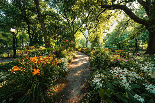 Beautiful scenic pathway through a lush green park in summer with vibrant orange daylilies and white daisies blooming, sunlight filtering through trees, perfect for travel, nature and wellness