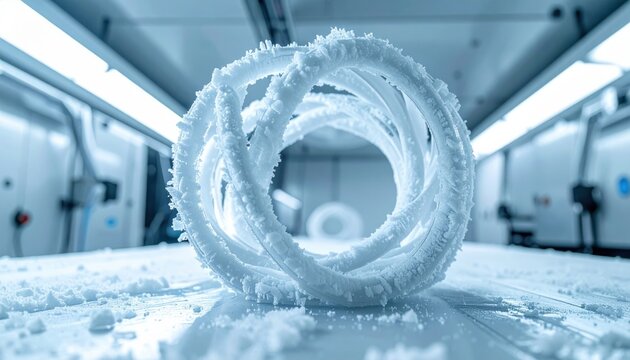 A detailed view of a quantum annealer featuring an intricate superconducting loop structure covered in frost in a cryogenic testing environment.