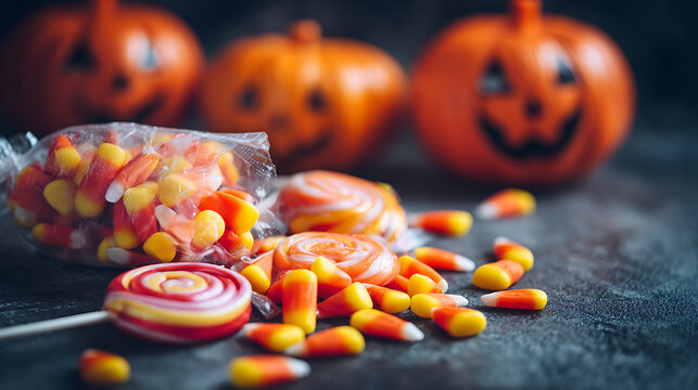 candy corn and lollipops with pumpkins