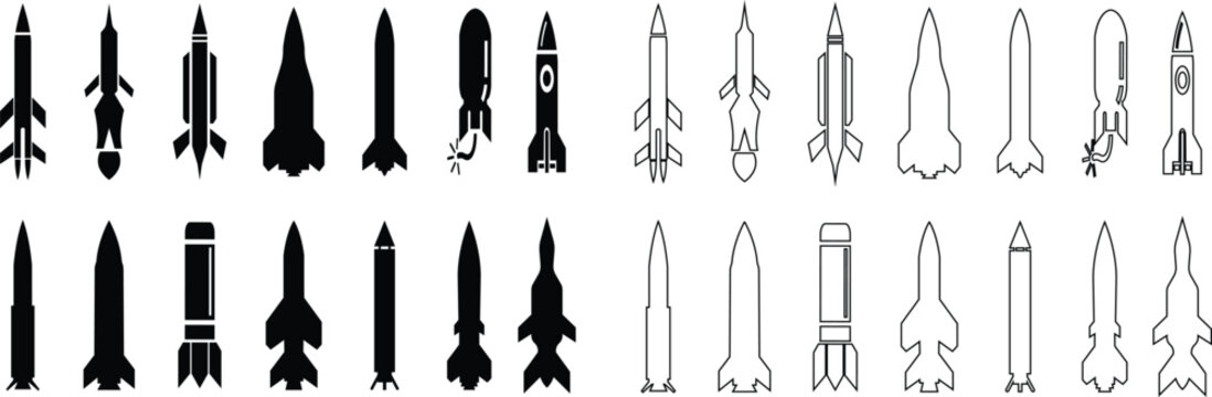 Rocket missile space launch vehicle icon set collection group in black flat and line style featuring rocket, missile, spacecraft, booster, launch synonym elements for aerospace, military and technolog