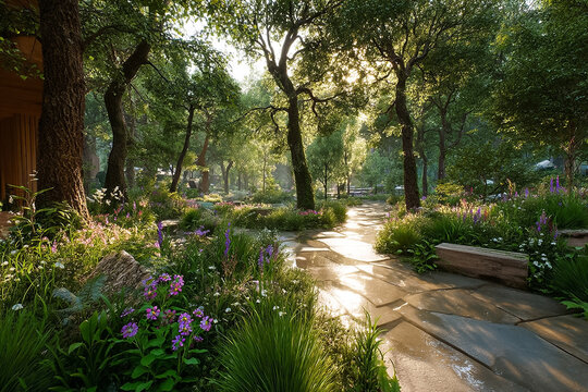 Tranquil garden scene with a stone path through lush greenery and blooming wildflowers, bright morning sunlight filtering through the trees, perfect for wellness and nature-themed marketing.