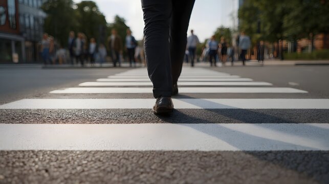 A person crosses a marked crosswalk in a busy urban setting symbolizing daily routine and onward progress