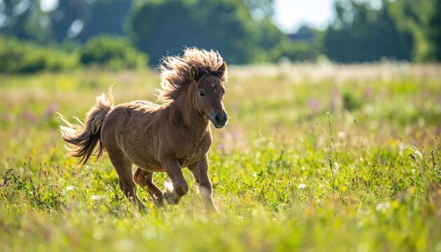 Adorable Miniature Horse Galloping Freely Through a Sunlit Meadow.