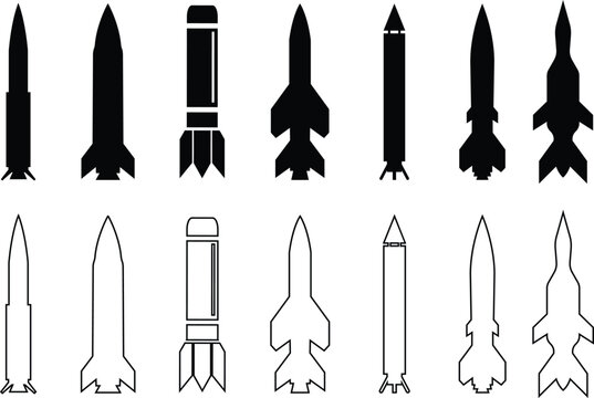 Rocket missile space launch vehicle icon set collection group in black flat and line style featuring rocket, missile, spacecraft, booster, launch synonym elements for aerospace, military and technolog