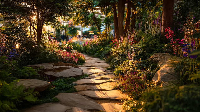 Enchanting Garden Path Illuminated by Golden Hour Sunbeams, Lush Blooming Flowers, Verdant Foliage, and Natural Stone Walkway - Serene Landscape for Relaxation, Meditation, and Marketing Concepts