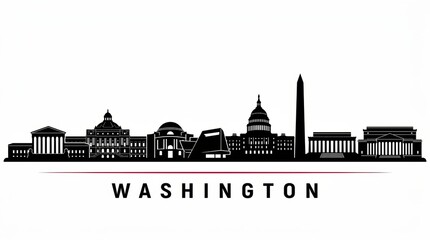 Obraz premium A horizontal banner featuring the Washington city skyline, depicted as a black-and-white silhouette, presented as a vector template for design use.