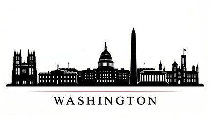 Fototapeta premium A horizontal banner featuring the Washington city skyline, depicted as a black-and-white silhouette, presented as a vector template for design use.
