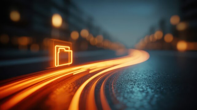 High speed digital data transfer concept with glowing orange folder icon moving along a dark road