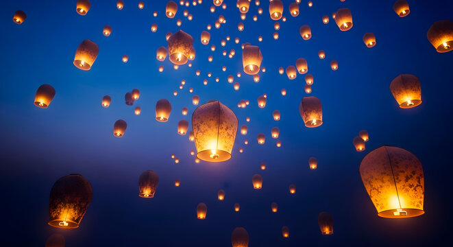 Many glowing lanterns flying in the night sky